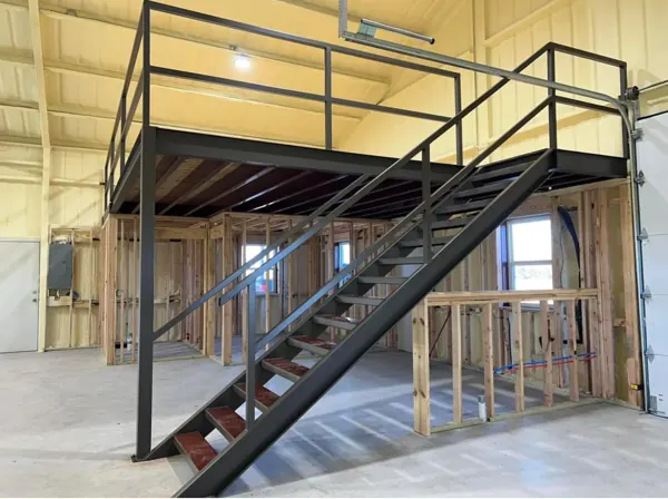 Steel mezzanine and stair inside a metal building, Van Alstyne, TX