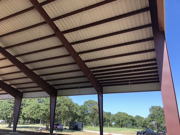 Underside of a metal roof on a steel-framed pavilion, Whitesboro, TX