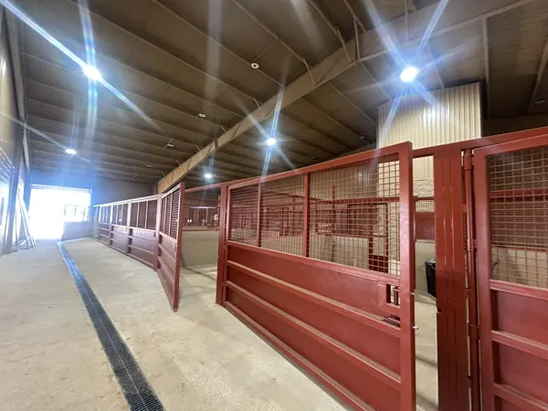 Steel-framed horse stalls with red panel gates, Sherman, TX
