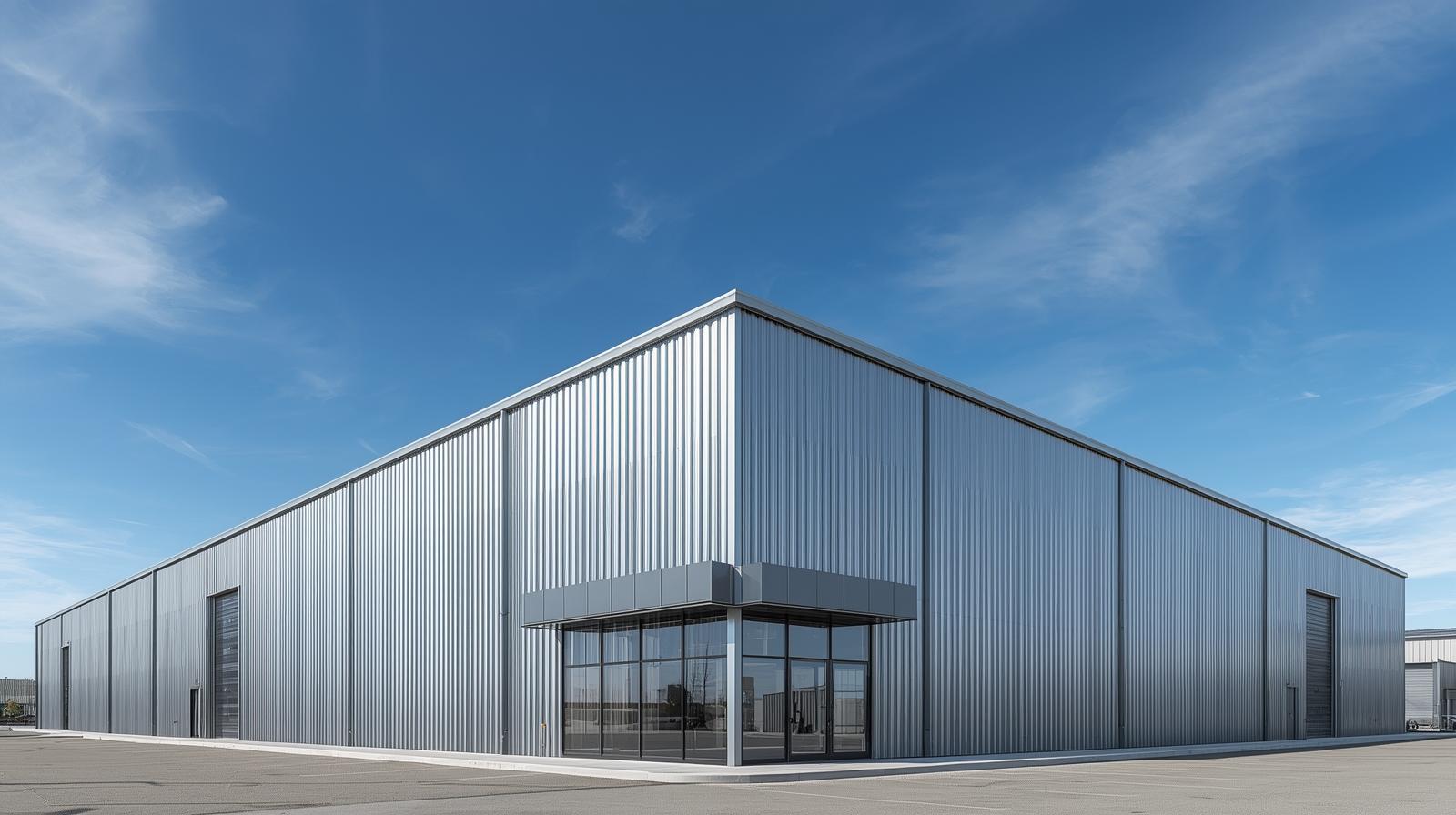 Wide-span commercial bolt-up metal building supplied by Metal Warehouse Inc.