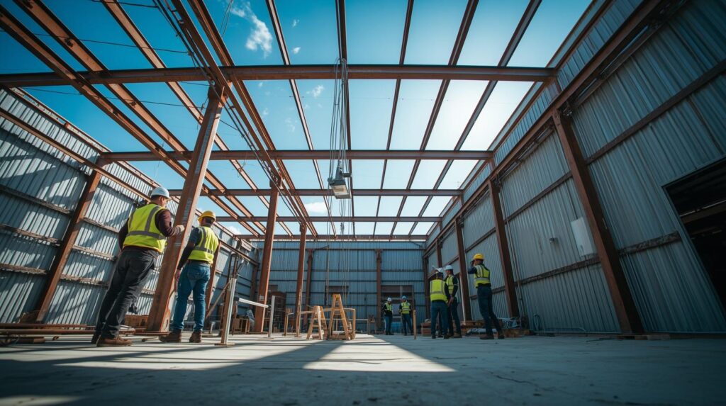 Metal Building Construction Site with Workers